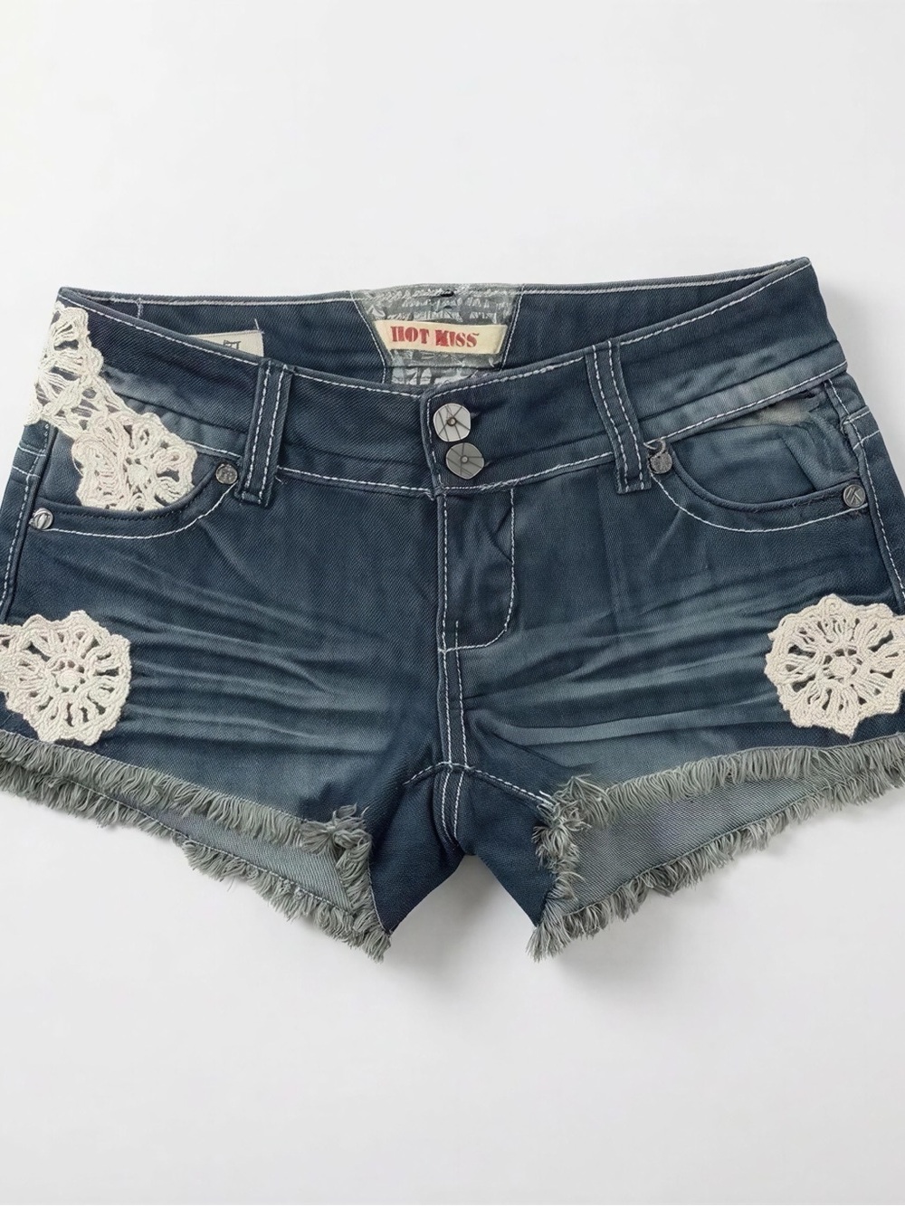 Vintage Y2K Hot Kiss CiCi Juniors Blue Denim Crochet Trim Low Cut Shorts - 0